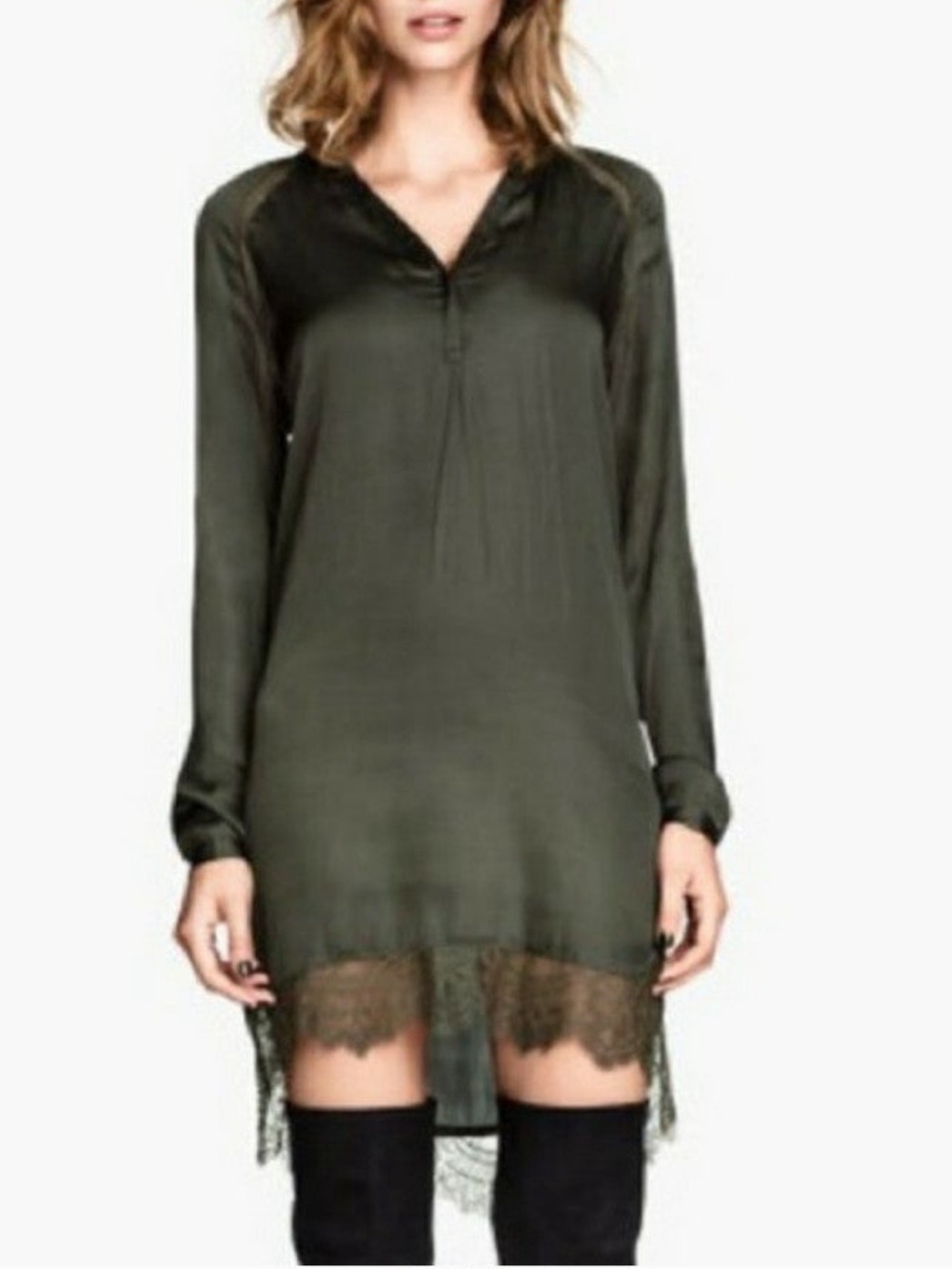 H&M Olive Green Satin Lace-Trim Long-Sleeve Tunic Dress